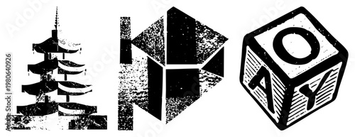 Vintage style graphic featuring a, fragmented geometric blocks, and lettered cubes with distressed texture, design, isolated vector elements.