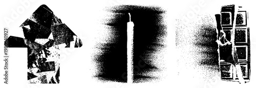 Fragmented polygonal forms arranged in halftone style, digital vector art, graphic design elements, composition, modern abstract shapes.