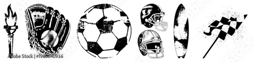 Torch, baseball glove with ball, soccer ball, football helmets, surfboard, checkered flag all stylized in distressed black and white vector art.