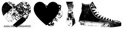 Grunge style vector featuring heart, necktie, and sneaker with textured, aesthetic, urban streetwear and vintage romance themes.