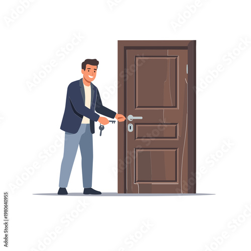 Man unlocking brown wooden door with silver handle and key
