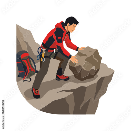 Man climbing mountain with backpack and climbing gear on steep rocky terrain outdoors