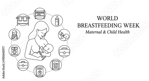 World Breastfeeding Week Line Art Illustration Featuring Mother and Baby.
