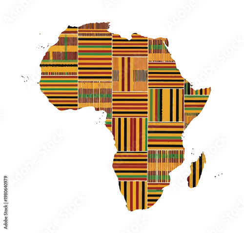 Colorful vector graphic depicting the continent of africa filled with traditional kente cloth patterns