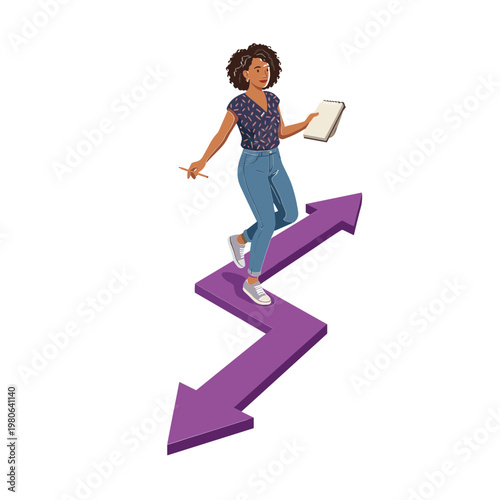 A woman walks on a large purple arrow while holding a book and smiling