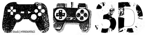 Retro gaming controllers rendered in halftone style, 3D text graphic, pixel art nostalgia, gaming, digital.