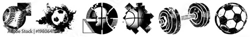 Abstract sports balls shattered into angular segments, vector graphics, black and white, stylized athletic, graphic design elements, isolated symbols.