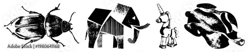 Beetle, elephant, unicorn, and octopus rendered as bold black shapes with halftone textures and geometric, flat vector art for branding or print.