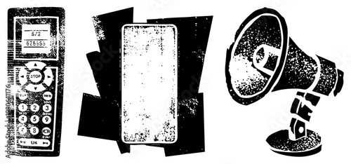 Retro TV remote, modern smartphone, loudspeaker megaphone, distressed textures, graphic, communication, digital vs analog contrast.