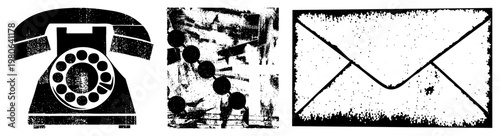 Retro rotary telephone with circular dial, abstract dot, envelope, halftone texture, vector graphic, isolated elements, communication symbols.