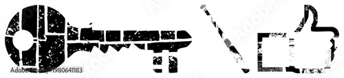 Graphic featuring a weathered key, diagonal slash, and thumbs up gesture, all rendered in bold black with grunge texture, ideal for digital UI or retro branding.
