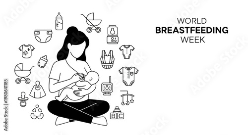 A mother breastfeeding her newborn baby surrounded by childcare icons for World Breastfeeding Week.