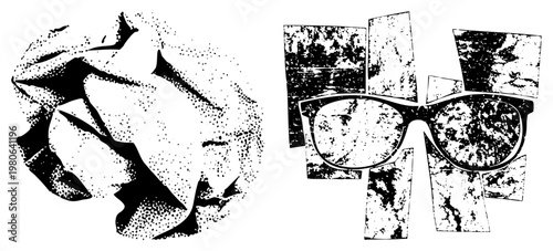 Retro eyewear with textured frames, paired with crumpled fabric, halftone shading, vector art, graphic design elements.
