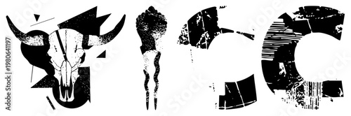 Geometric tribal skull and spear motifs rendered in high contrast, distressed vector style, ideal for tattoo or graphic design, abstract symbolism, bold black and white art.