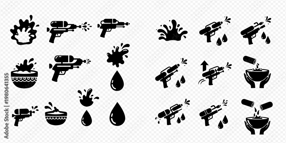 Fototapeta premium Water Gun and Water Splash Icons Set for Playful Summer Activities.