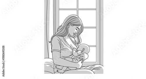 A mother gently breastfeeding her newborn baby in a peaceful moment.