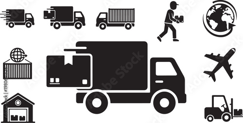 Logistics and transportation icons in black and white style