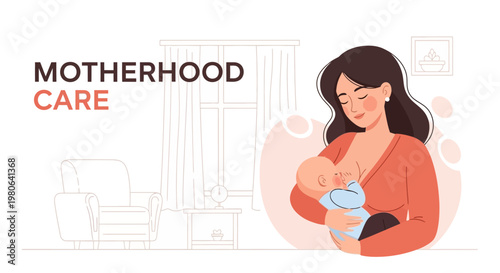 A loving mother breastfeeding her newborn baby in a flat illustration style.