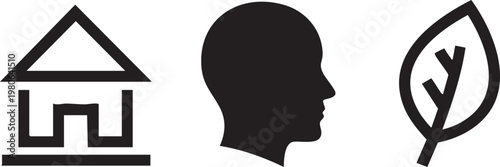 Eco friendly home, sustainable living icons, house, head silhouette, leaf symbol, black vector graphics