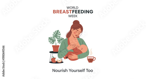 A mother breastfeeding her newborn baby while enjoying a cup of tea.
