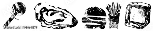 Black and white vector of food items pizza cutter, oyster, burger, fries, ice cube. Stylish illustrations for menus or apps.