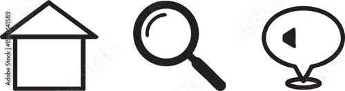 Black line icons, house, magnifying glass, play button, simple vector graphics