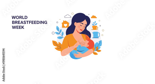 A mother gently breastfeeding her newborn baby in a flat illustration style.