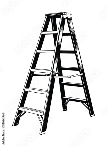 Vector of a sturdy wooden stepladder with six steps leaning against a wall.