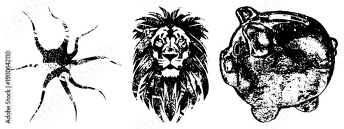 Stylized black and white vector spider with textured legs, lion head with mane, piggy bank with coin slot, all in distressed halftone style.