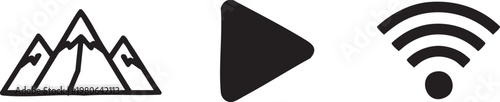Black icons, web and media symbols, mountain, play button, wifi signal, vector graphics