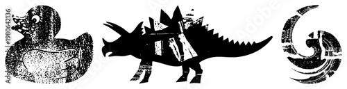 Distressed black vector rubber duck, triceratops, spiral symbol, graphic design elements, retro typography style, isolated symbols, halftone texture, glyph art.