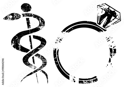 Medical symbol with snakes and staff, paired with ring featuring gemstone, distressed black vector art, healthcare and romance.