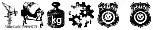 Set of construction crane, concrete mixer, weight kilogram, gears, police badges gritty vector, industrial tools, law symbols, urban grit, design.