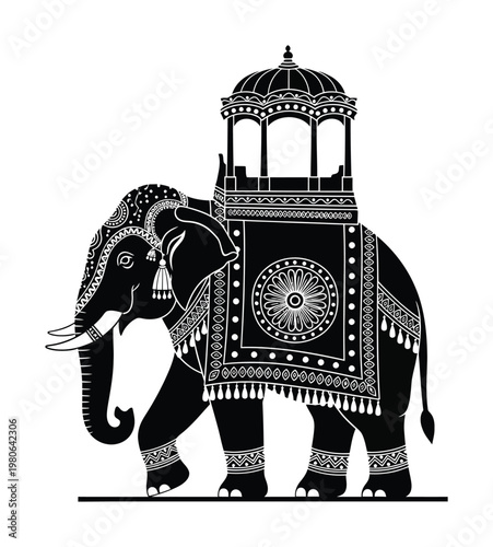 Vector of a beautifully ornate elephant adorned with intricate patterns and a traditional pavilion on its back