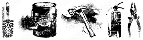 Brush, bucket, hammer, fire extinguisher, pliers classic workshop tools, maintenance essentials, home repair gear, DIY toolkit, mechanical aids.
