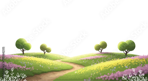 Green Rolling Hills with Winding Path and Colorful Wildflowers Vector