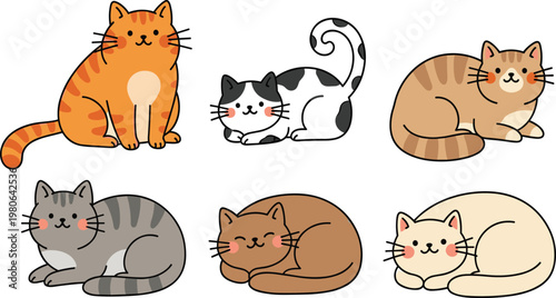 Cute Cartoon Cats Illustration Set with Adorable Sleeping Kittens in Different Colors for Animal Lovers, Nursery Design, Stickers, and Vector Graphics.