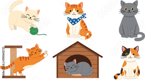 Cute Cartoon Cats with Cat House and Different Poses Illustration Set for Pet Lovers, Kids Design, Stickers, and Adorable Vector Graphics.