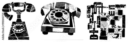 Retro rotary telephone rendered in gritty halftone, abstract tech circuitry, vintage communication, broken phone aesthetic, analog tech relic, digital nostalgia motif.
