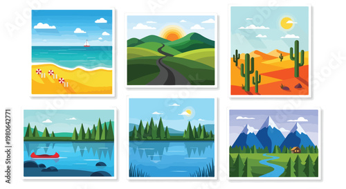 Set of 6 Flat Design Landscape Vector Illustrations