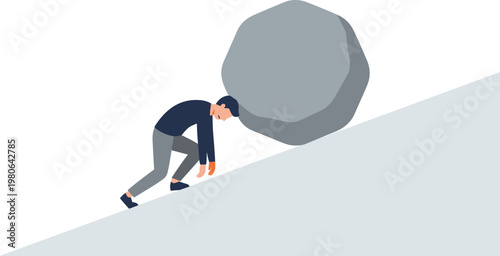 A man struggles to push a large boulder uphill on a slope.