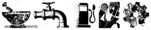 Mortar and pestle, pipe valve, gas pump, stethoscope, gear wheel classic tools rendered in gritty halftone, vector art, industrial design, medical and mechanical symbols.