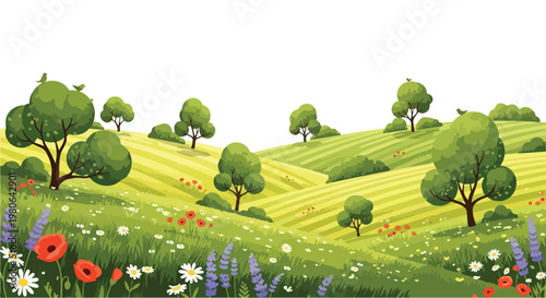 Green Rolling Hills Landscape with Trees and Wildflowers Vector Illustration