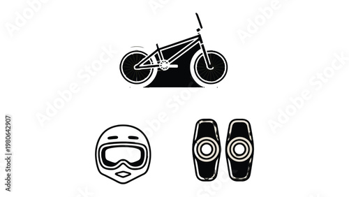 Bike essentials and protective gear: The illustration presents essential items for cycling: a bicycle, a helmet, and knee pads.