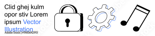 Cybersecurity, digital tools, music creation, data protection, system operations, multimedia design. Black lock, gear and music note icons. Cybersecurity and digital tools theme