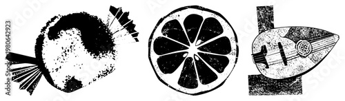 Retro candy wrapped in ribbon, citrus section, mandolin stringed instrument, halftone texture, vintage illustration, graphic, artistic render.