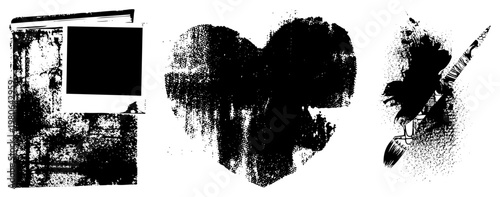 Textured halftone heart, vintage frame, painter’s brush stroke, art assets, graphic design elements, distressed vector.