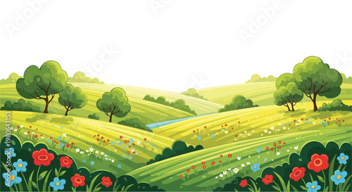 Green Rolling Hills Landscape with Trees and Wildflowers Vector