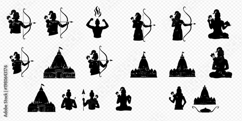 Hindu Deities and Temple Silhouettes Collection: Traditional Indian Religious Iconography.