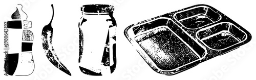 Stylized halftone graphic of food items including a bottle, chili pepper, jar, and compartmentalized tray, rendered in high contrast black and white with grainy texture.